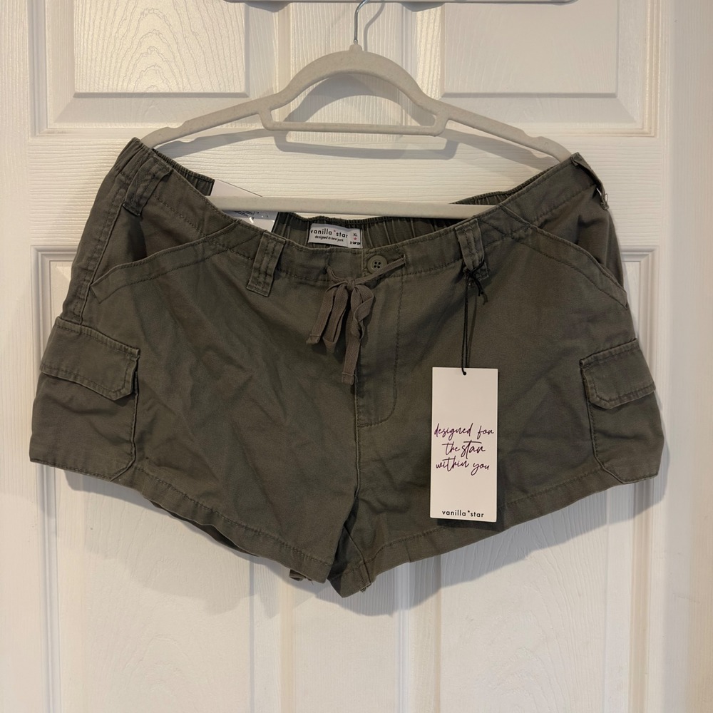 Vanilla Star Womens Olive Green Cargo Shorts XL Elastic Waist Drawstring Utility